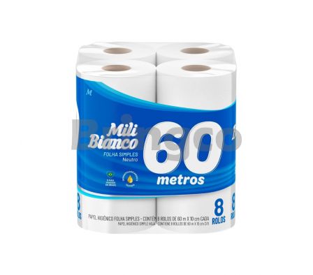 Papel Higienico Hoja Simple Mili Neutro 60 Mts Paq x 8 und