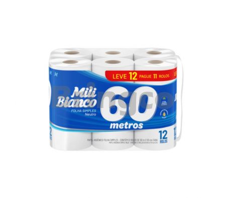 Papel Higienico Hoja Simple Mili Blanco 60 Mts Paq x 12 und